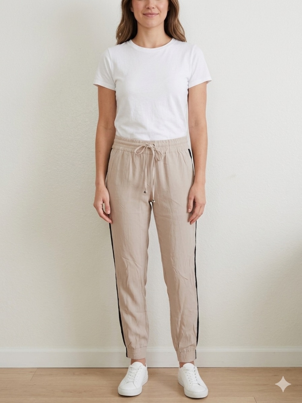 WILLOW & CLAY Women’s Casual Drawstring Jogger Pants - Beige with Black Trim.